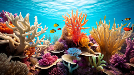 Tropical fish and corals underwater in the Sea.