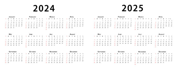 Calendar 2024, calendar 2025 week start Sunday corporate design planner template. Fully Editable Vector Design - obrazy, fototapety, plakaty