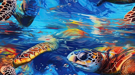  a painting of a group of sea turtles swimming in a body of water with bubbles on the surface of the water.  generative ai