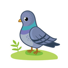 Cute pigeon sits on a green meadow. Bird in cartoon style.