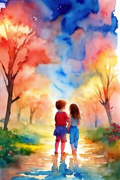 A girl and a boy are walking along a path in the woods. Watercolor drawing.