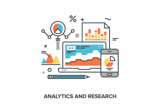 Vector illustration of analytics and research flat line design concept.
