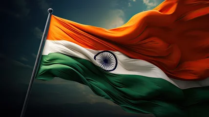 Fotobehang Majestic Image of the Indian Flag Waving in the Wind © JuanMiguel