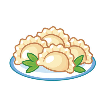 Dumplings on a beautiful plate. Vector illustration with food in cartoon style.