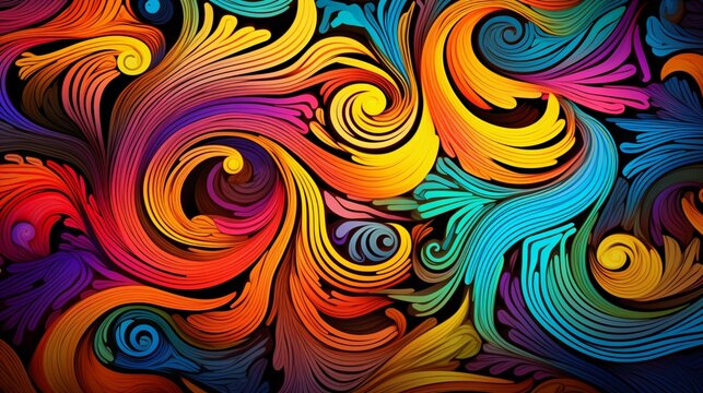A psychedelic pattern of swirling, neon colors and fractal shapes