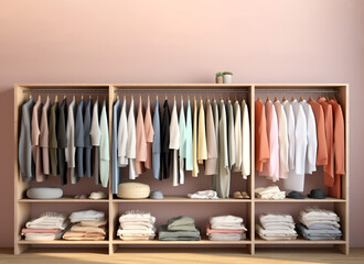 Storage systems for clothes, pastel colors.