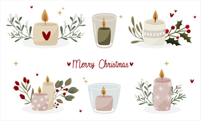 Burning candles for Christmas decoration. Wax aromatic candles in glass with winter botany. Cute hand drawn hygge interior decorations vector illustration set. Holiday decorative design element 