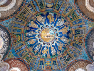 The ceiling mosaic in the Baptistry of Neon (Fourth and Fifth c. AD) Ravenna, Emilia-Romagna,...