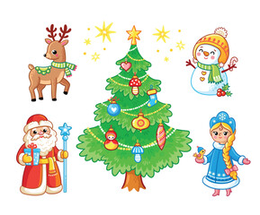 New Year set with Christmas characters in cartoon style. Vector illustration with a Santa Claus.