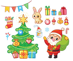 Merry Christmas and Happy New Year Set holiday stickers. Cute Santa Claus. Christmas toys in cartoon style. Vector illustration. - 676087799
