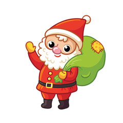 Cute Santa Claus holds a bag of gifts isolated. Christmas vector illustration in cartoon style.