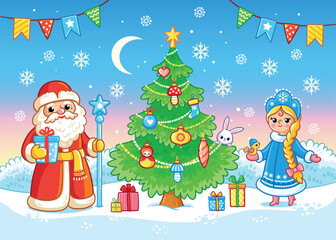 Vector illustration with Christmas tree, Father Frost, Snow Maiden and gifts. Greeting card for Merry Christmas and Happy New Year in a cartoon style.