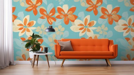 A retro, vintage wallpaper pattern with floral and geometric motifs