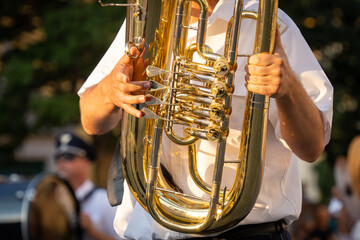 Military musicians with baritone horn in hand