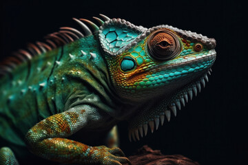 Obraz premium Closeup of a Colorful Reptile with a Dark Background 