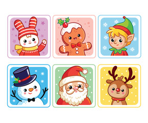 Merry Christmas and Happy New year Set. Santa Claus, Gingerbread man, snowman, deer. Sticker pack of cartoon characters. - 676088141