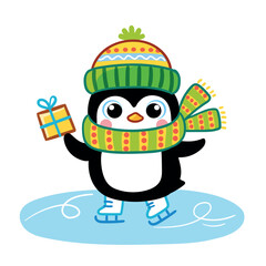 Cute penguin ice skating isolated in cartoon style. Christmas and New Year holidays