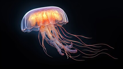  a close up of a jellyfish on a black background with a light in the middle of it's head.  generative ai
