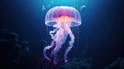 Obraz premium a purple jellyfish floating in the water with its head turned to look like it's coming out of the water. generative ai