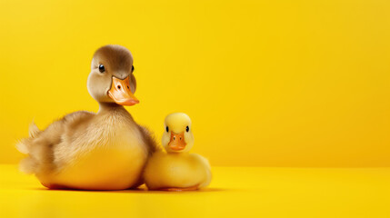 Advertising portrait, banner, mother duck and duckling sitting side by side, isolated on yellow background