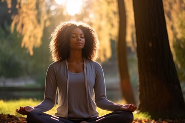 In a tranquil park, a young woman, a devoted yoga enthusiast, practices yoga with mindfulness. Her graceful poses blend harmoniously with the serene natural surroundings. - obrazy, fototapety, plakaty