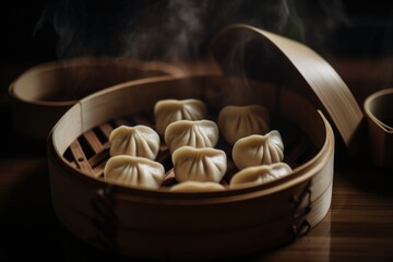 Succulent dumplings in a bamboo steamer, releasing steam.