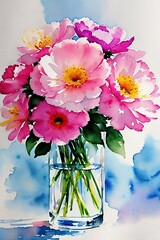 Bouquet of flowers in a vase, watercolor drawing.
