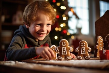 A child excitedly making gingerbread cookies, with a festive kitchen scene in the background, during the late afternoon with warm, diffused lighting.