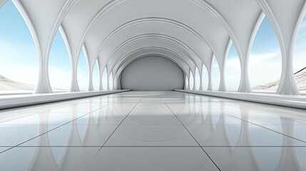 Obraz premium Futuristic white corridor with arches reflecting on glossy floor, minimalist sphere centered in a tranquil, spacious interior design.