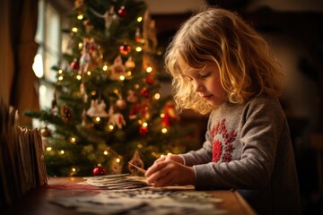 A little artist child engrossed in creating Christmas cards, with a beautifully decorated Christmas tree in the background, during the early morning with soft natural light.