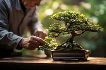 A man taking care of a bonsai tree, with a traditional Japanese room and Zen garden in the background, during a tranquil afternoon.