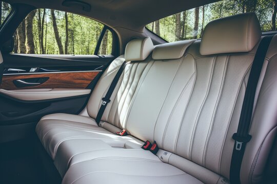 Frontal view of plush white leather back passenger seats in a cutting edge modern luxury car