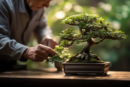 A man taking care of a bonsai tree, with a traditional Japanese room and Zen garden in the background, during a tranquil afternoon.