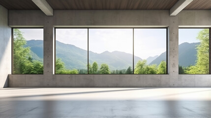 Modern loft style ,wall and ceiling, large window look out to see the nature view. Generative Ai