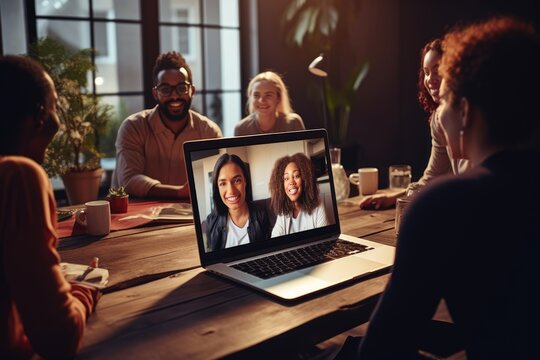 A diverse group of friends coming together in a virtual meeting, connecting across distances through screens to share moments and conversations.