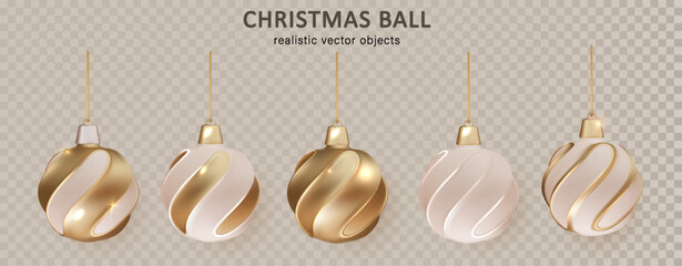 Christmas gold balls isolated. Stocking Christmas decorations. Vector gold, glass xmas bauble set template. - obrazy, fototapety, plakaty