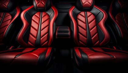 Fototapeta premium Frontal view of luxurious modern car interior with plush red leather back passenger seats