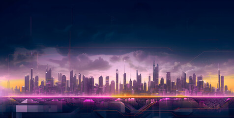 Abstract futuristic night city, Concept for IOT, smart city, speed connection and taintless advanced communication network.