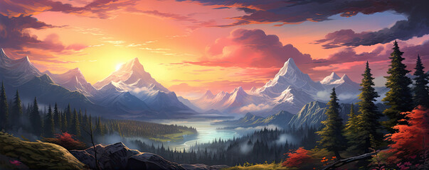 Fototapeta na wymiar Sunset in the mountain with trees.