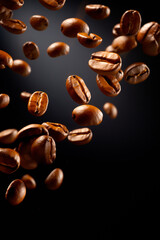 Coffee beans are shown in motion on black background, in the style of dynamic poses.