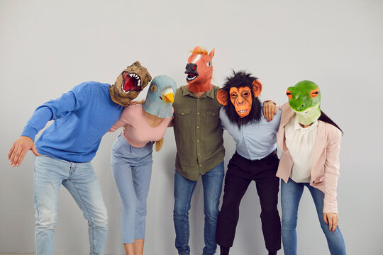 Portrait of group of funny people in animal head masks isolated on grey background. Team of company employees or students having fun together. Entertainment and April Fools day concept.