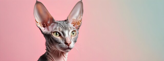 Cornish Rex cat on a pastel background. Cat a solid uniform background, for your advertising and...