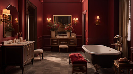 Bathroom featuring opulent burgundy walls, in the American Tonalist tradition, capturing the essence of twilight's final moments, with Renaissance chiaroscuro lighting casting dramatic shadows