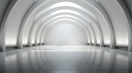 Fototapeta premium Futuristic white corridor with arches reflecting on glossy floor, minimalist sphere centered in a tranquil, spacious interior design.