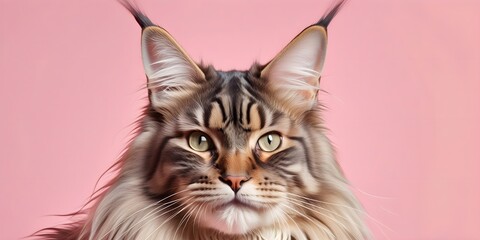 Maine Coon cat on a pastel background. Cat a solid uniform background, for your advertising and design with copy space. Creative animal concept. Looking towards camera.