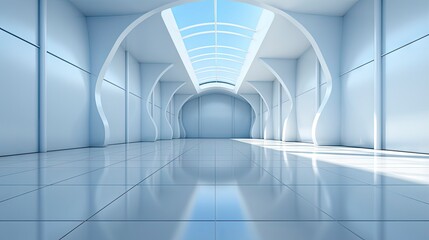 Fototapeta premium Futuristic white corridor with arches reflecting on glossy floor, minimalist sphere centered in a tranquil, spacious interior design.