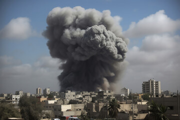 Cloud of black smoke over the city, fire or explosion on the city streets, danger, panic