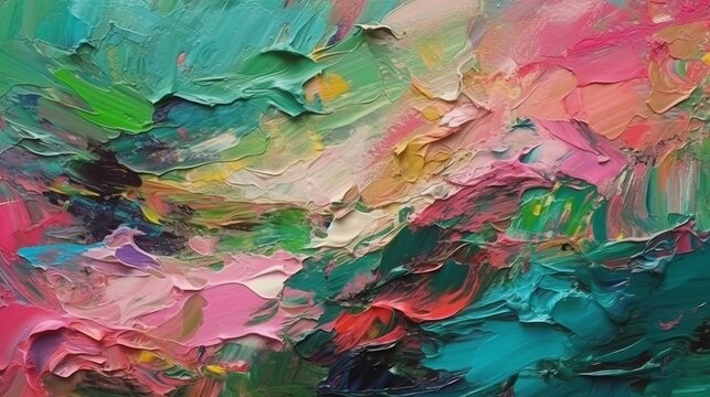 Closeup of abstract rough colorful green pink colors art painting texture background wallpaper, with oil or acrylic brushstroke waves, pallet knife paint on canvas. Art concept. Decor concept. Drawing