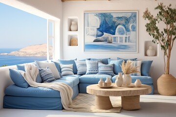 Large Light Blue and White Living Room in Mediterranean Style
