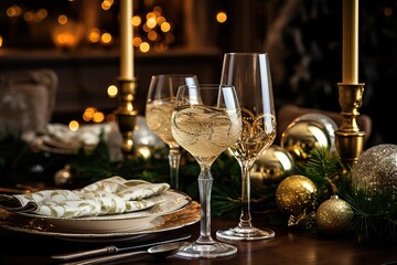 Festive Christmas Dinner Table with Champagne Glasses and Decorations